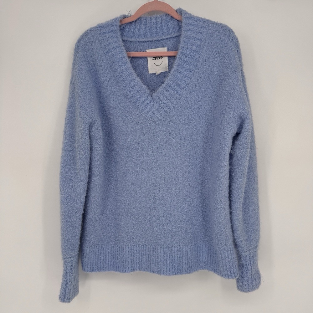 Aerie Teddy Boucle Oversized V Neck Sweater Blue Fuzzy Soft Girl Cozy Knit XS